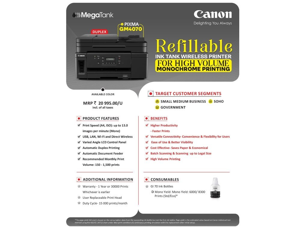 Canon PIXMA GM4070 Refillable Ink Tank Wireless Printer